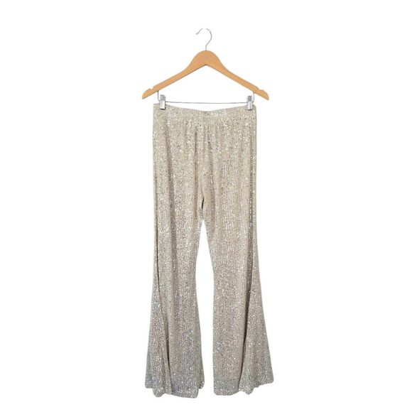 Wisteria Lane Sequined Bell Bottom Pants in Champaign Size Large NEW - Picture 3 of 5